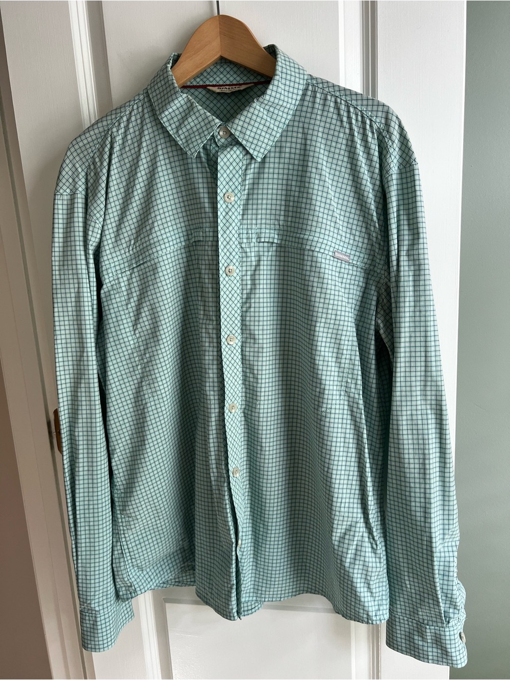 Simms Mint Green Small-Check Button-Down Fishing Shirt